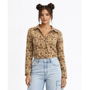 Nine West Women's Small Button Up Blouse Y2K Vintage Printed Sheer Shirt